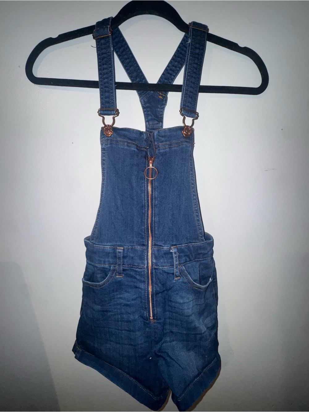 GUESS Dark Blue Denim Short Overalls with Front Zip